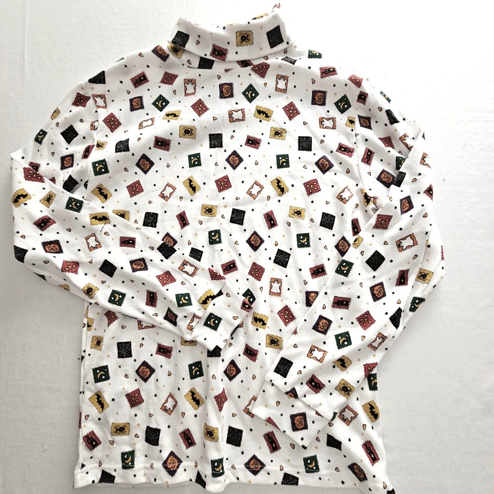 Basic Editions Halloween Turtleneck Shirt White Vintage Print Women Medium